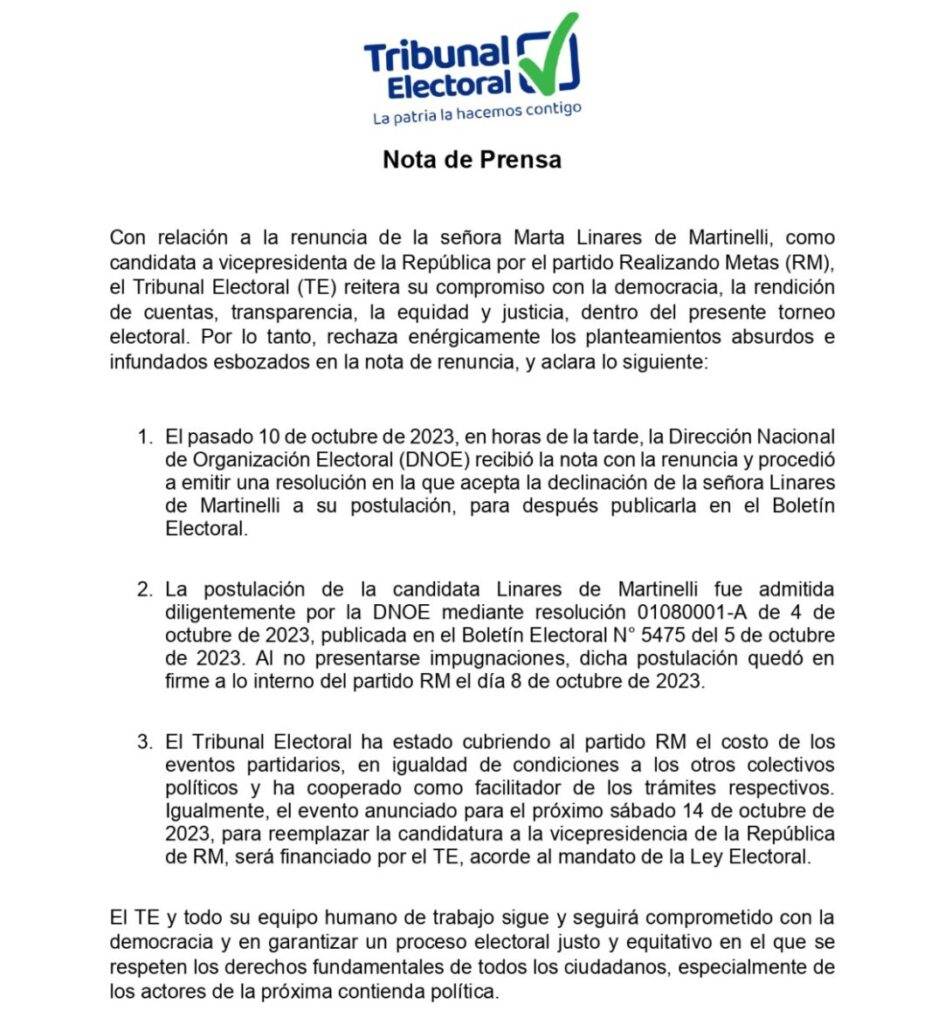 Lee aquí el comunicado completo del Tribunal Electoral.