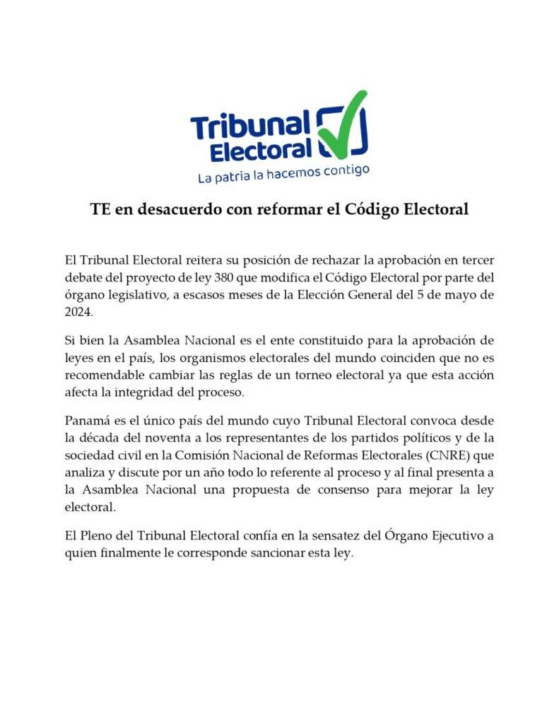 Este es el comunicado de prensa publicado por el Tribunal Electoral.